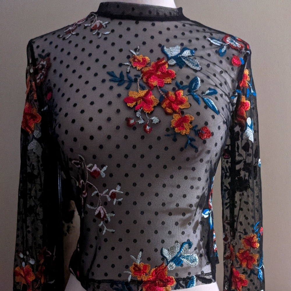 High-Neck Sheer Lace Blouse w/ Floral Details!
